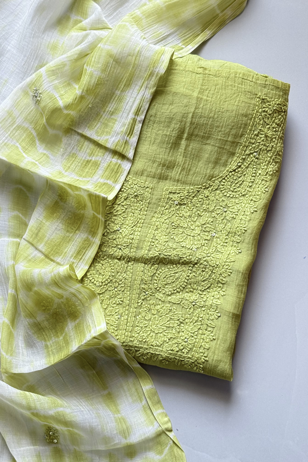 Lucknawi Pure Mul Chanderi 3-Piece Unstitched Kurta Set -  Light Green