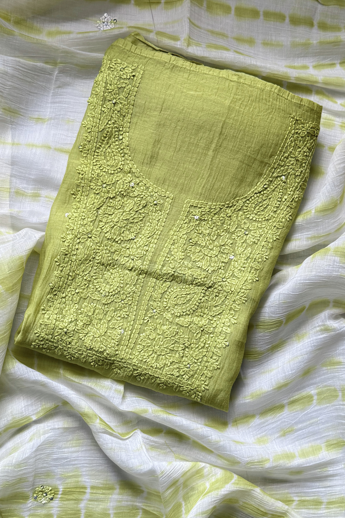 Lucknawi Pure Mul Chanderi 3-Piece Unstitched Kurta Set -  Light Green