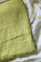 Lucknawi Pure Mul Chanderi 3-Piece Unstitched Kurta Set -  Light Green
