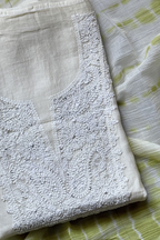 Lucknawi Pure Mul Chanderi 3-Piece Unstitched Kurta Set -  Off White & Light Green