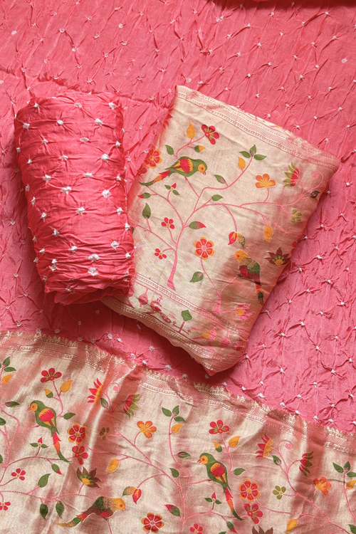 Bandhani With Paitani border - Peach Pink