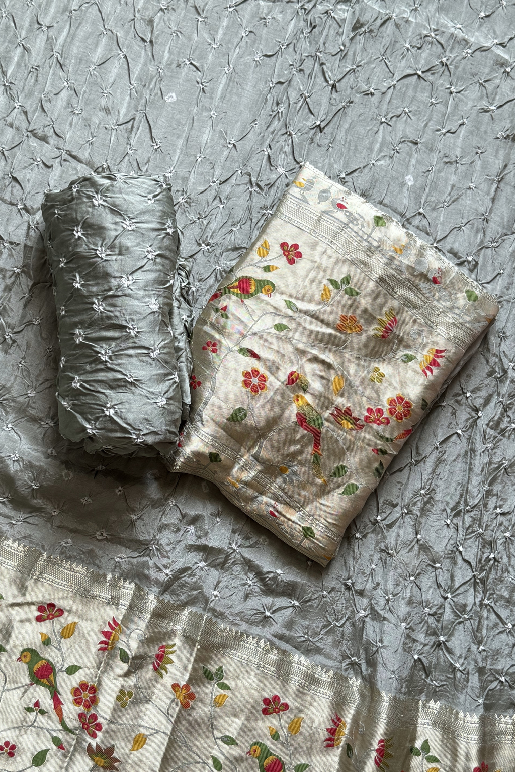Bandhani With Paitani border - Light Steel Grey