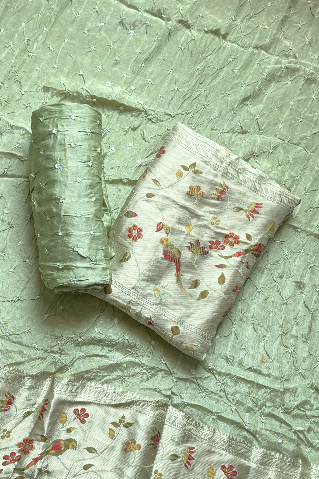 Bandhani With Paitani border - Light Peach Green