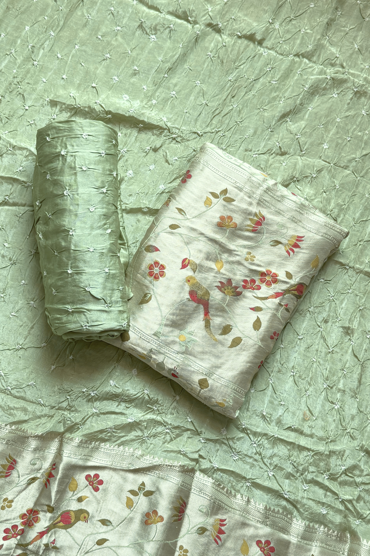 Bandhani With Paitani border - Light Peach Green