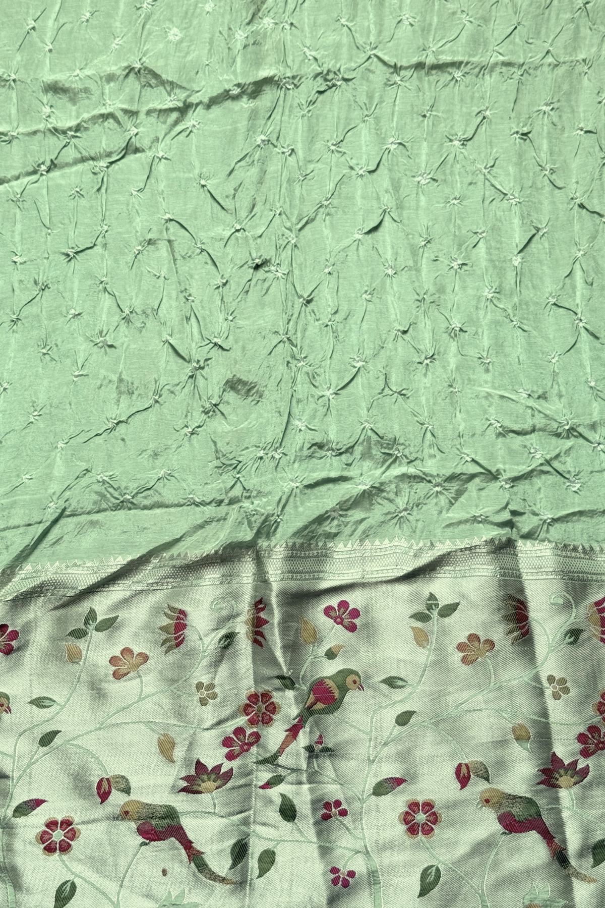 Bandhani With Paitani border - Light Peach Green