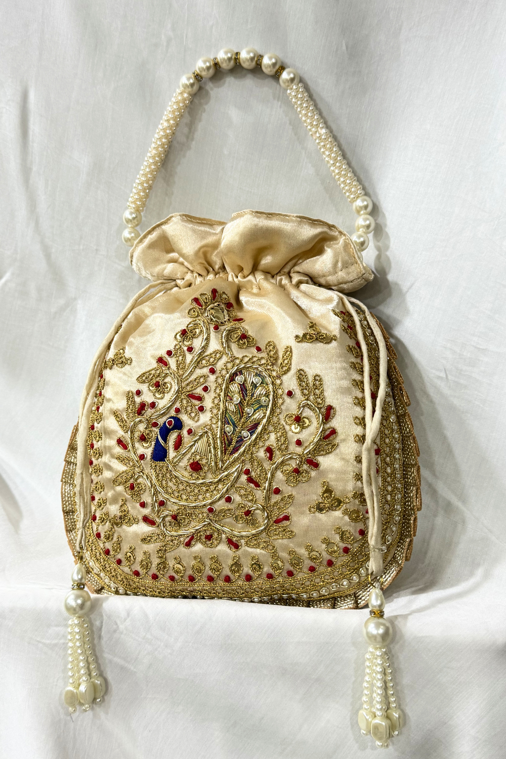 Marodi peacock handwork potli Bag -  Beige Color