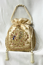 Marodi peacock handwork potli Bag -  Beige Color