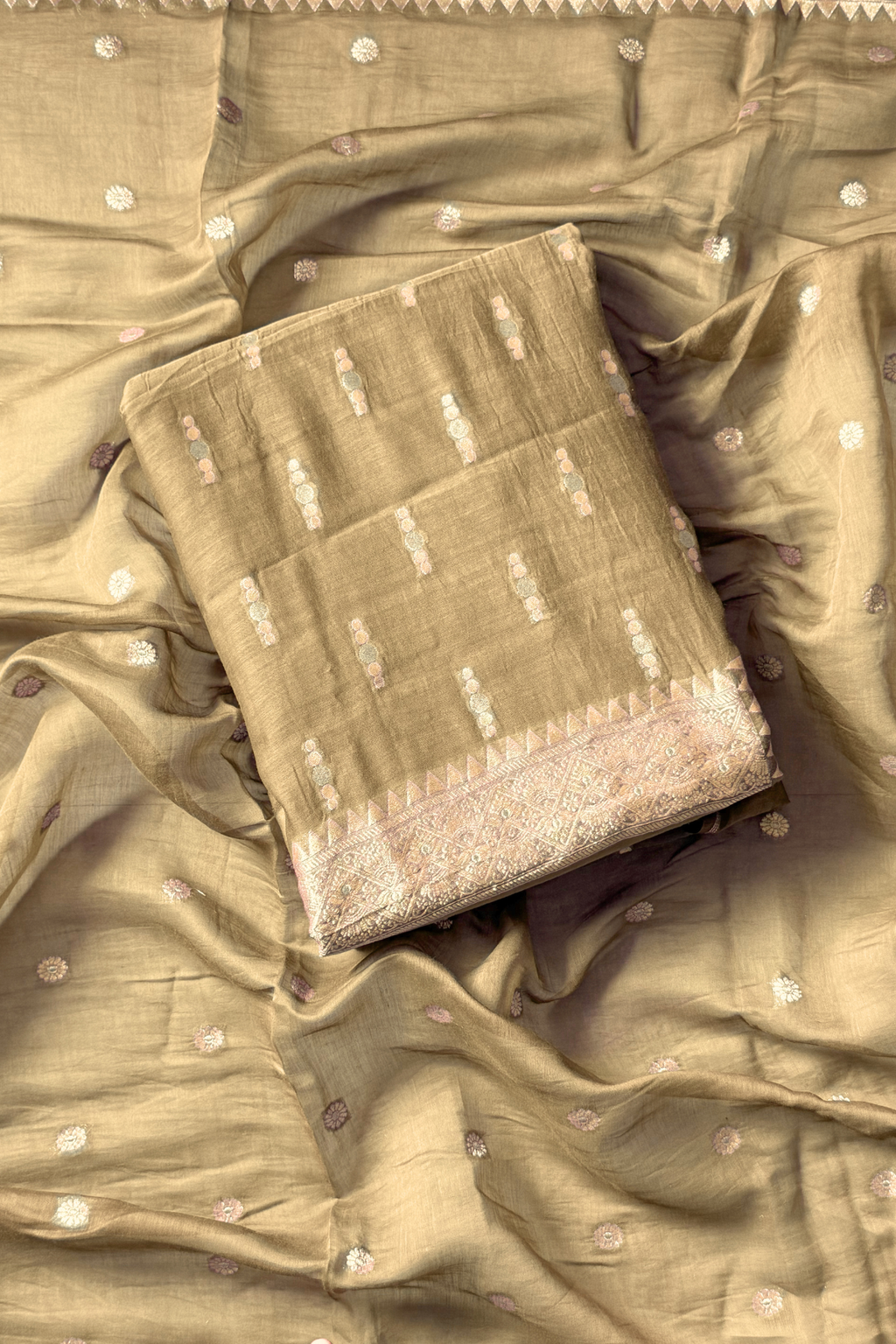 Pure Mul Chanderi Banarasi Weaving Suit Set - Beige Gold