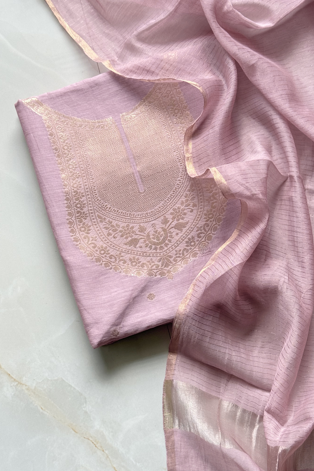 Pure Mul Chanderi Banarasi Weaving Suit Set - Dusty pink