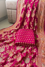 Banarasi Weaving With Brush Paint 3 pc suit set - Rani Pink