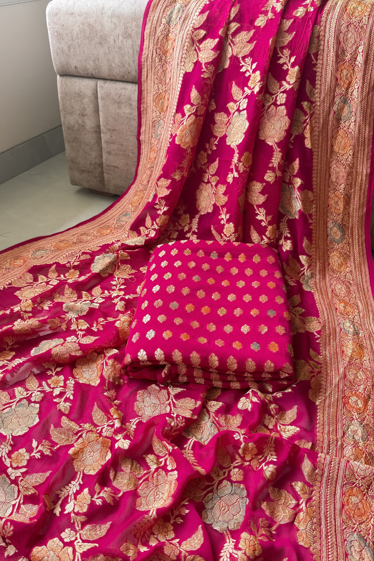 Banarasi Weaving With Brush Paint 3 pc suit set - Rani Pink