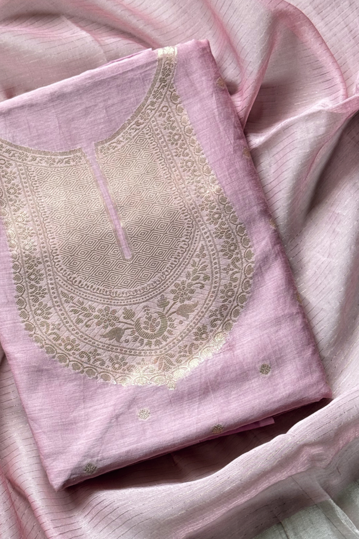 Pure Mul Chanderi Banarasi Weaving Suit Set - Dusty pink