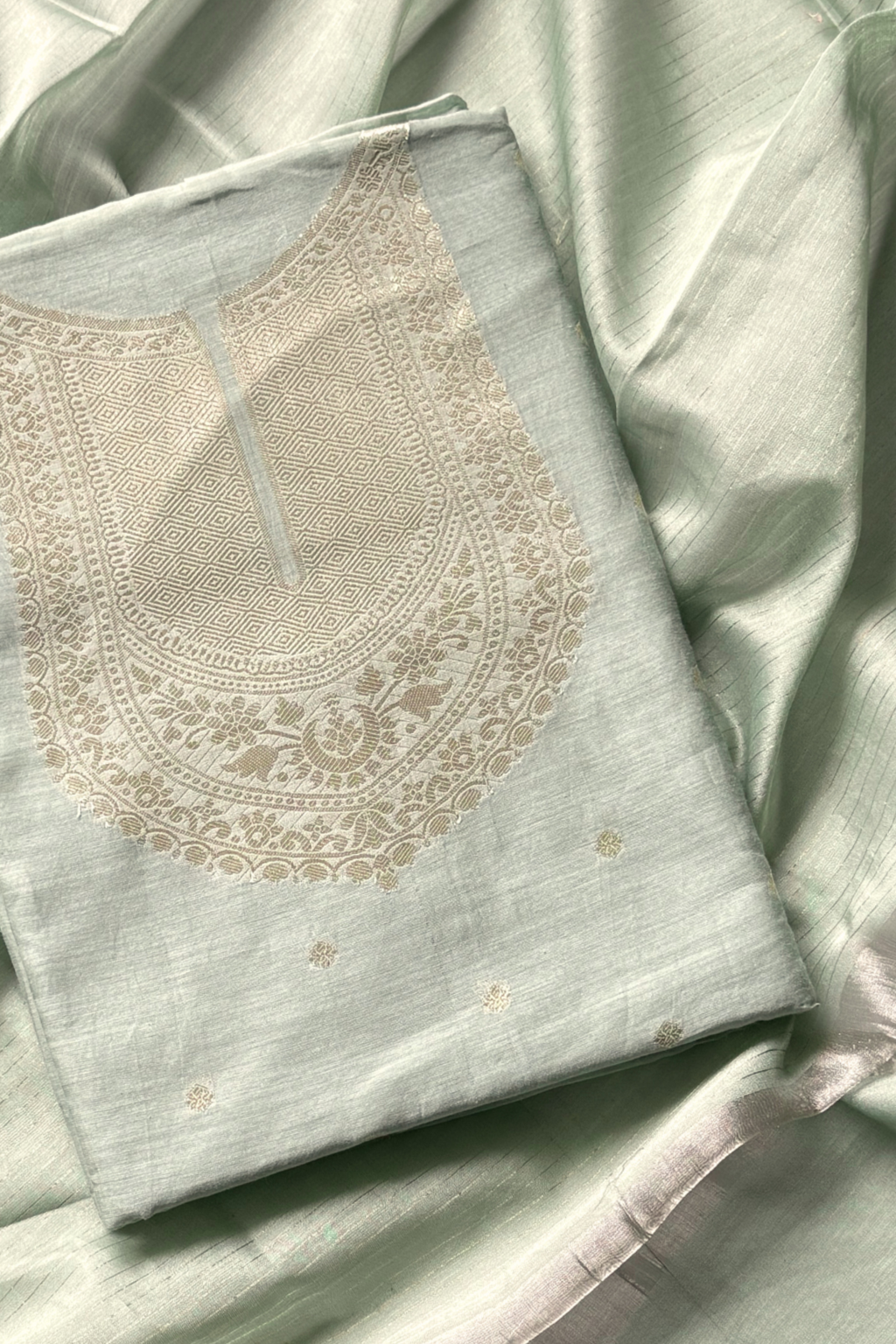 Pure Mul Chanderi Banarasi Weaving Suit Set - Pista Color