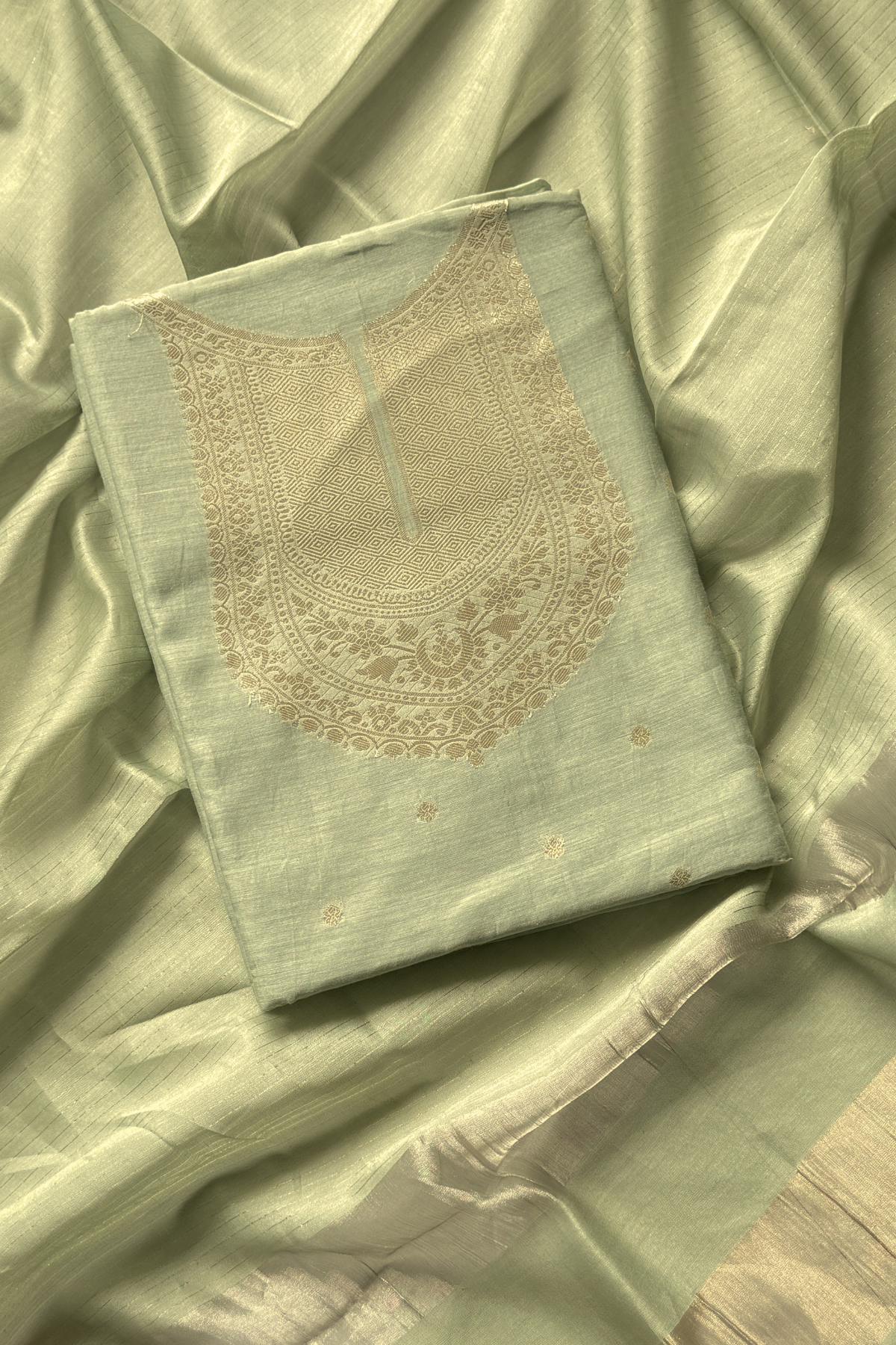 Pure Mul Chanderi Banarasi Weaving Suit Set - Pista Green