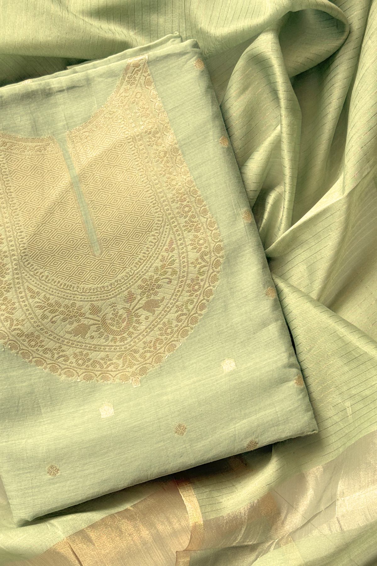 Pure Mul Chanderi Banarasi Weaving Suit Set - Pista Green