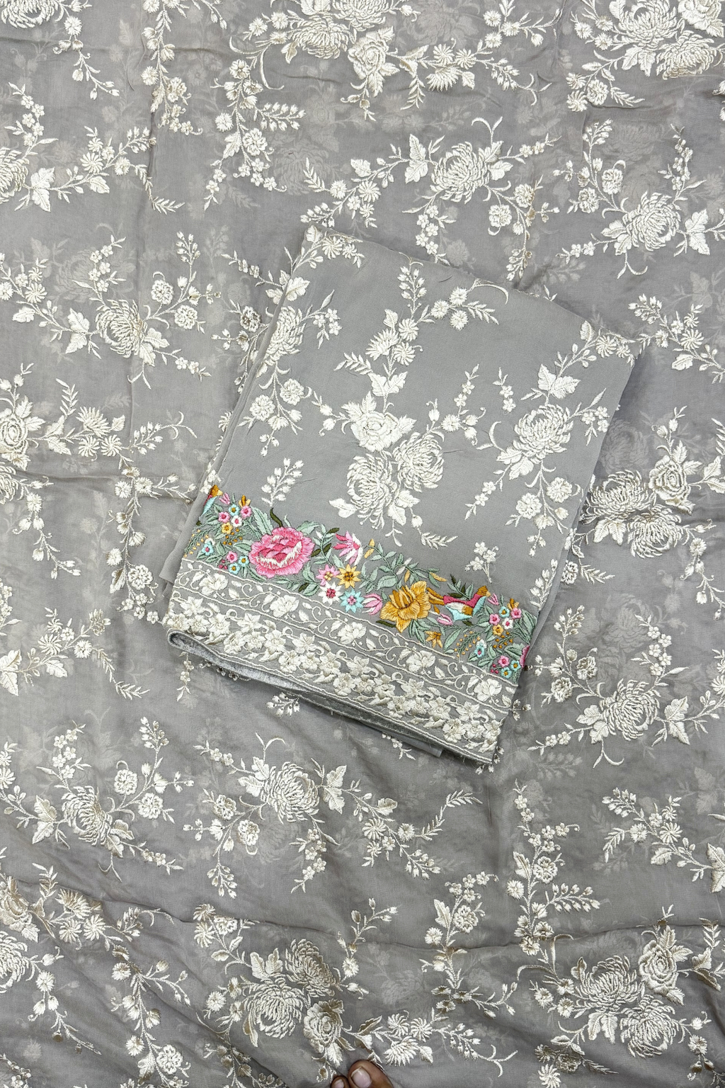 Pure Georgette With Parsi Work Unstitched Suit Set -  Gray