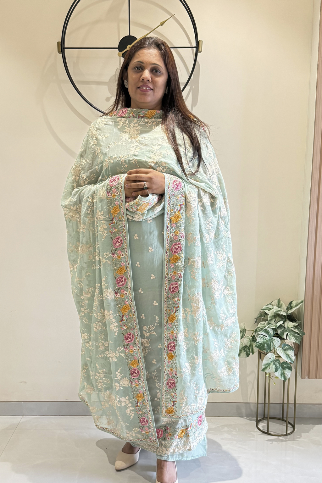 Pure Georjette With Parsi Work Unstitched Suit Set - seafoam green