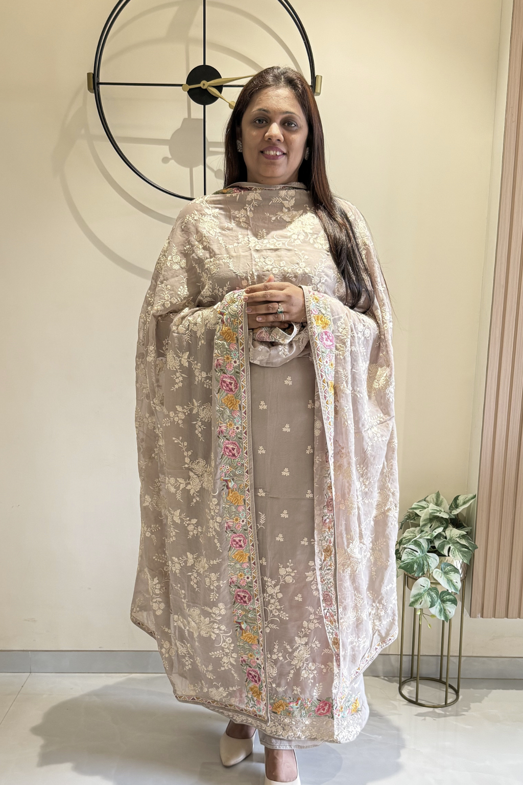 Pure Georgette With Parsi Work Unstitched Suit Set -  Gray