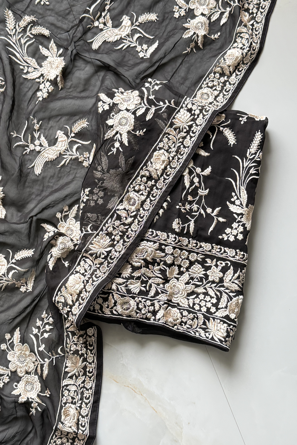 Pure Georjette With Parsi Work Unstitched Suit Set - Black