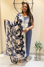 Pure Georgette With Parsi Work Unstitched Suit Set - navy Blue