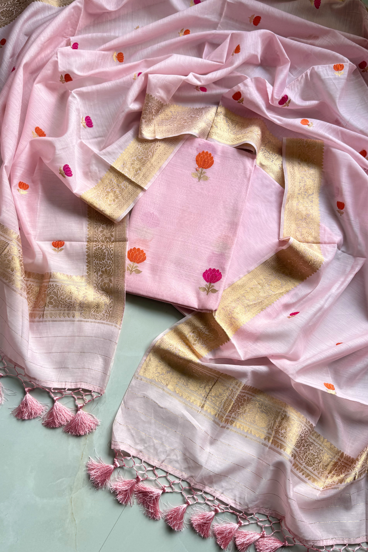 Pure Mul Chanderi With Kadwa Weaving - Light Pink