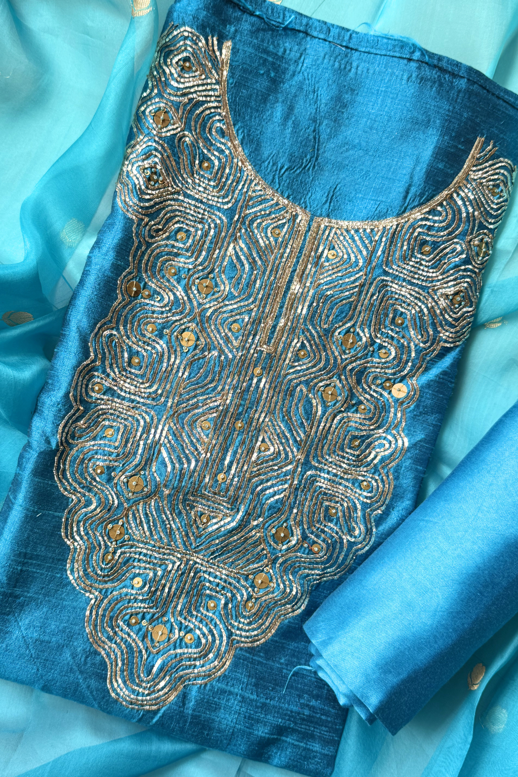 Pure Raw Silk Banarasi Suit Set - Firozi Blue