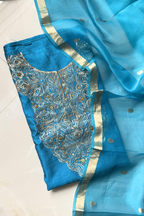 Pure Raw Silk Banarasi Suit Set - Firozi Blue