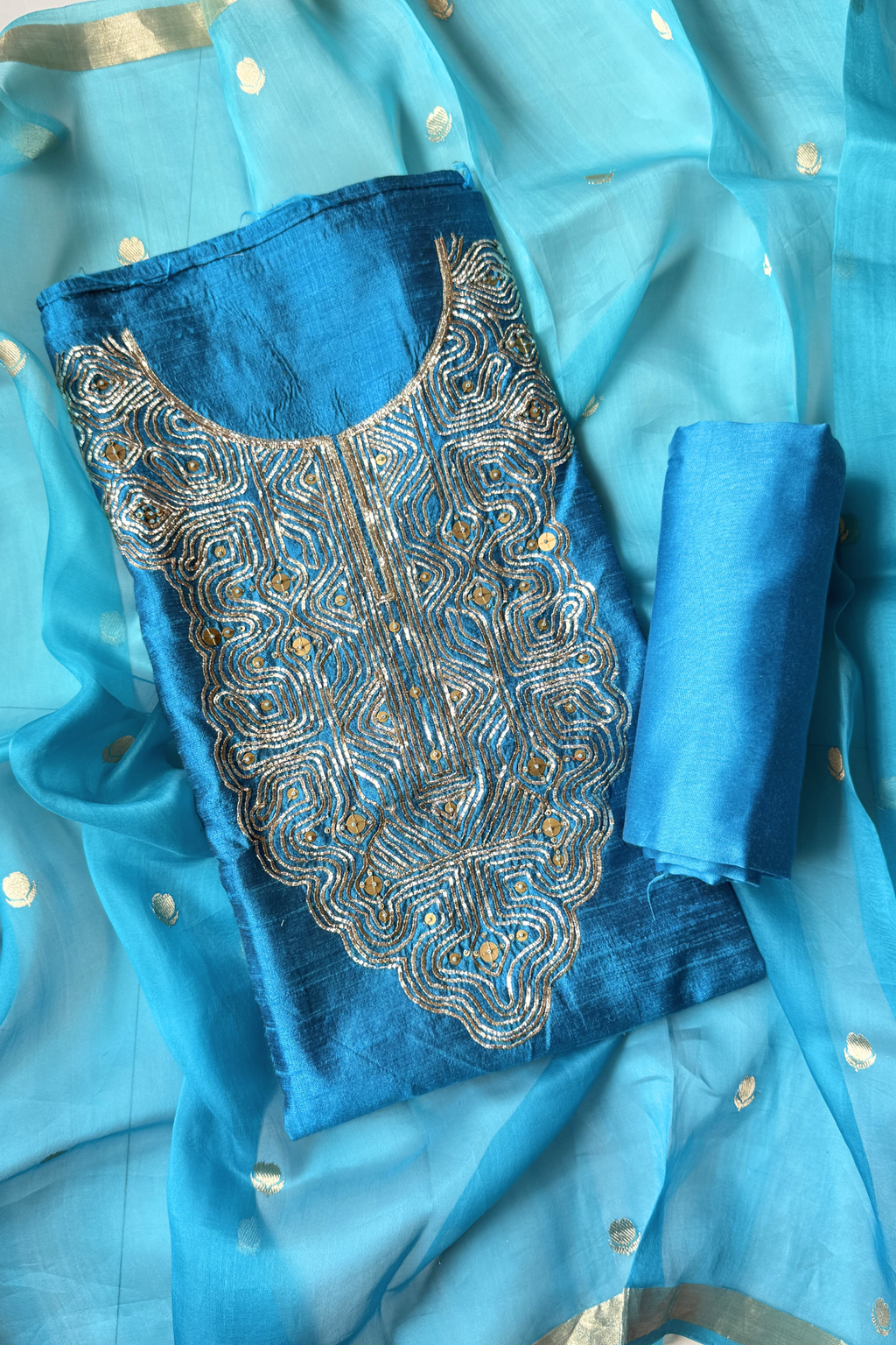 Pure Raw Silk Banarasi Suit Set - Firozi Blue