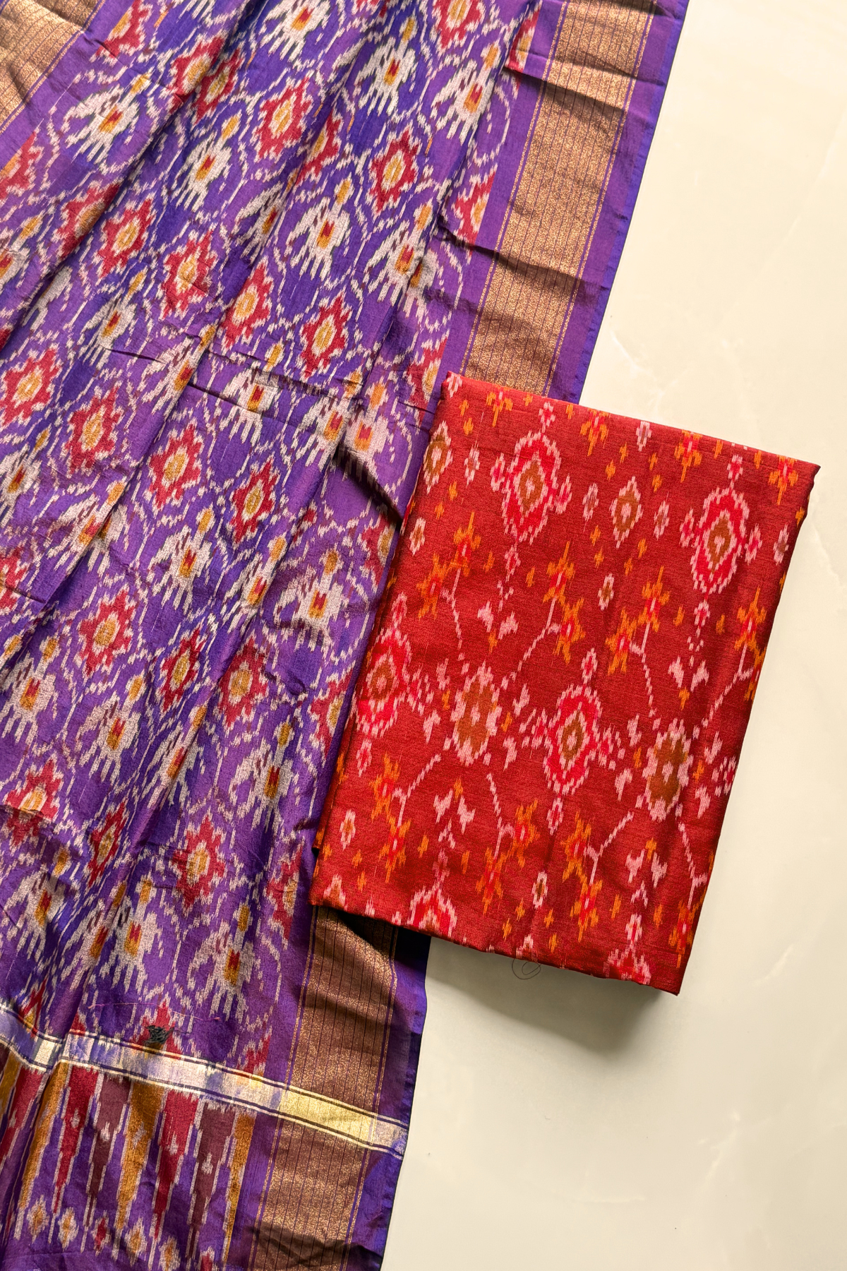 Sicco Ikkat Patola Premium 2-Piece Suit Set – Reddish Orange & Purple