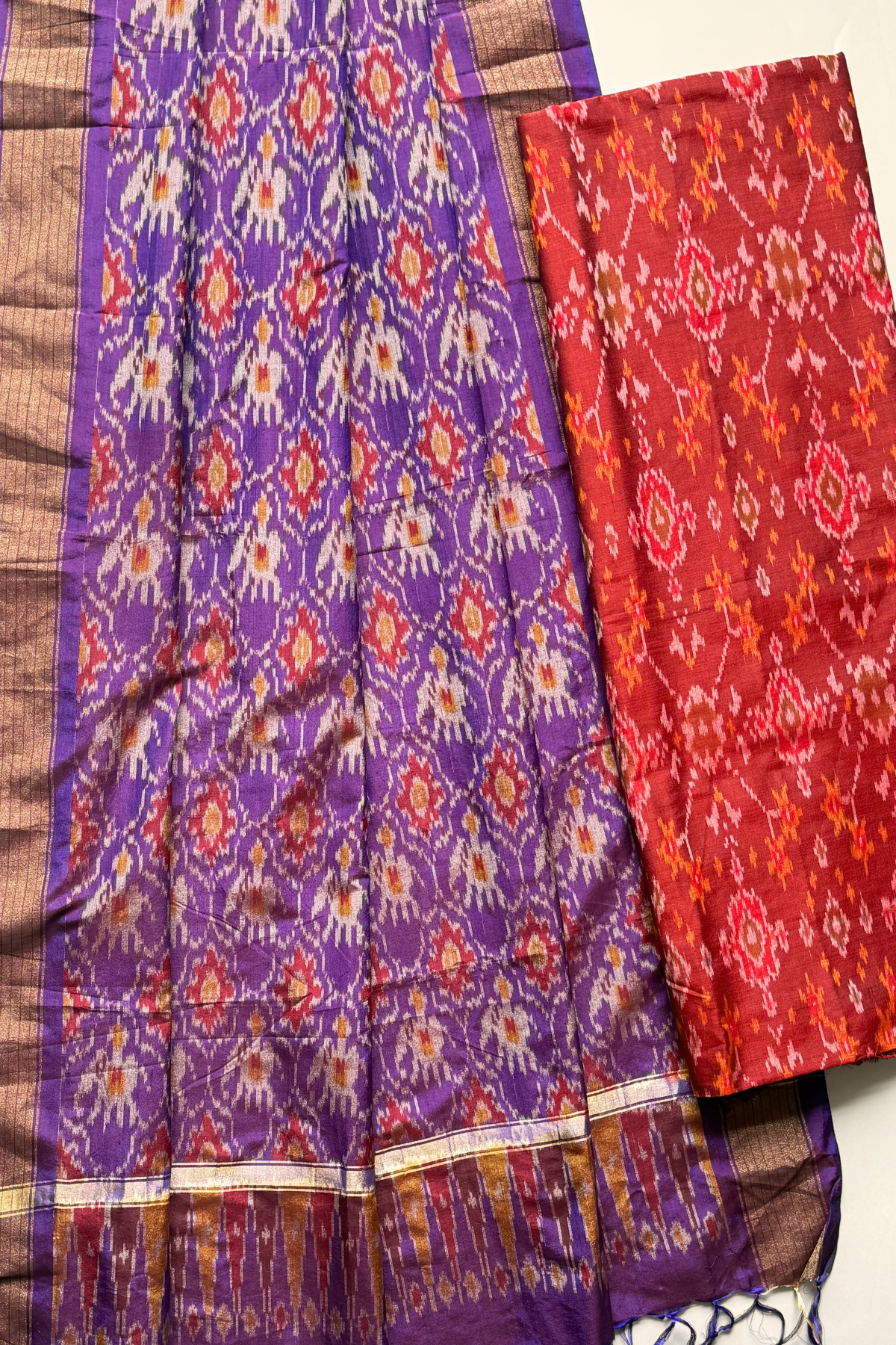 Sicco Ikkat Patola Premium 2-Piece Suit Set – Reddish Orange & Purple