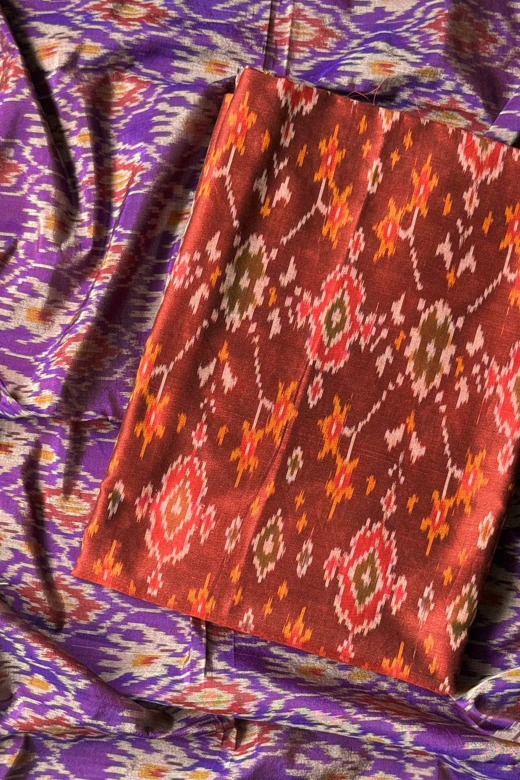 Sicco Ikkat Patola Premium 2-Piece Suit Set – Reddish Orange & Purple