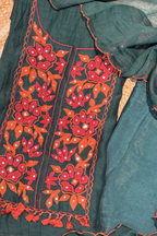 Applique Work Mul Chanderi 3 pc Suit set - Peacock Green