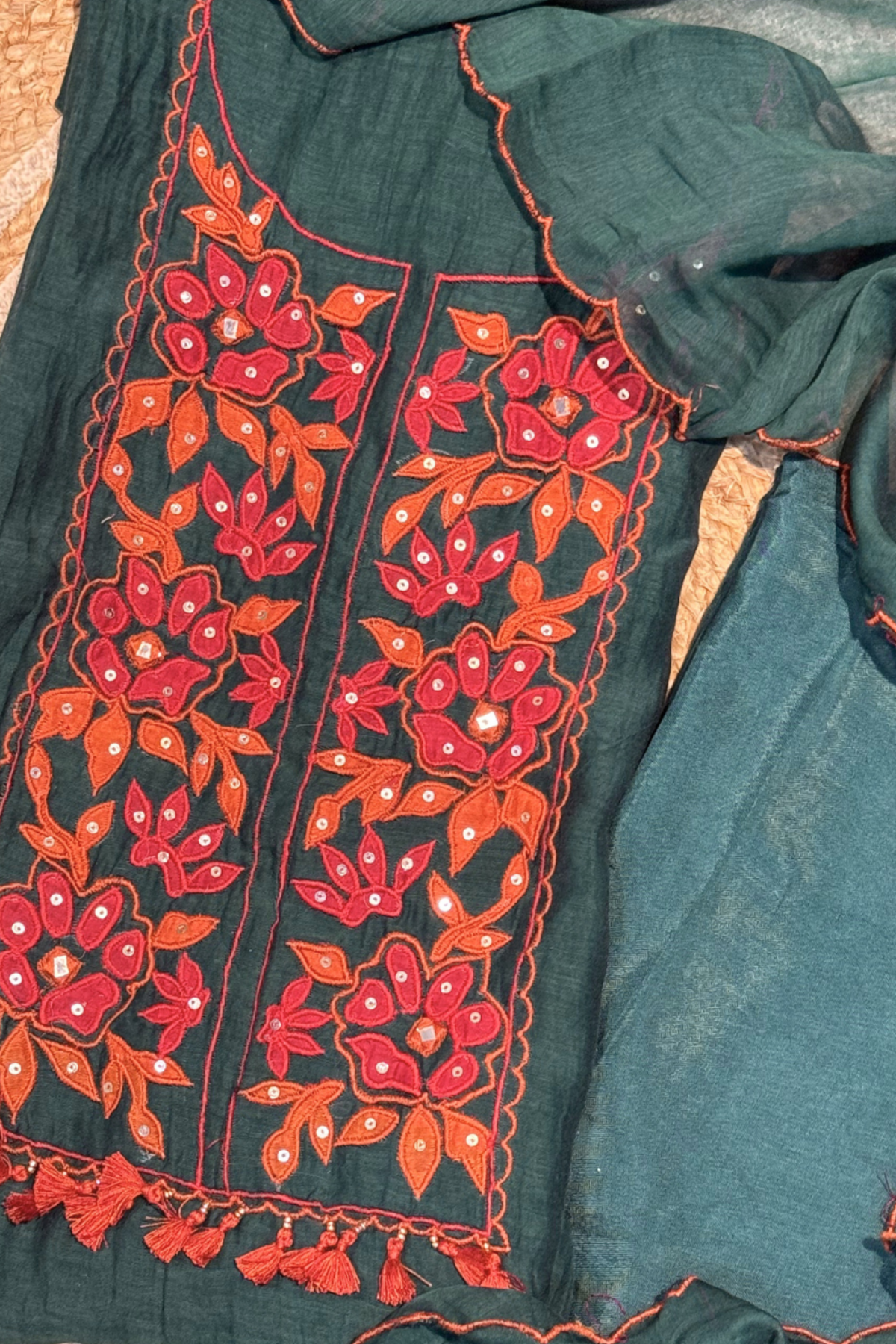 Applique Work Mul Chanderi 3 pc Suit set - Peacock Green