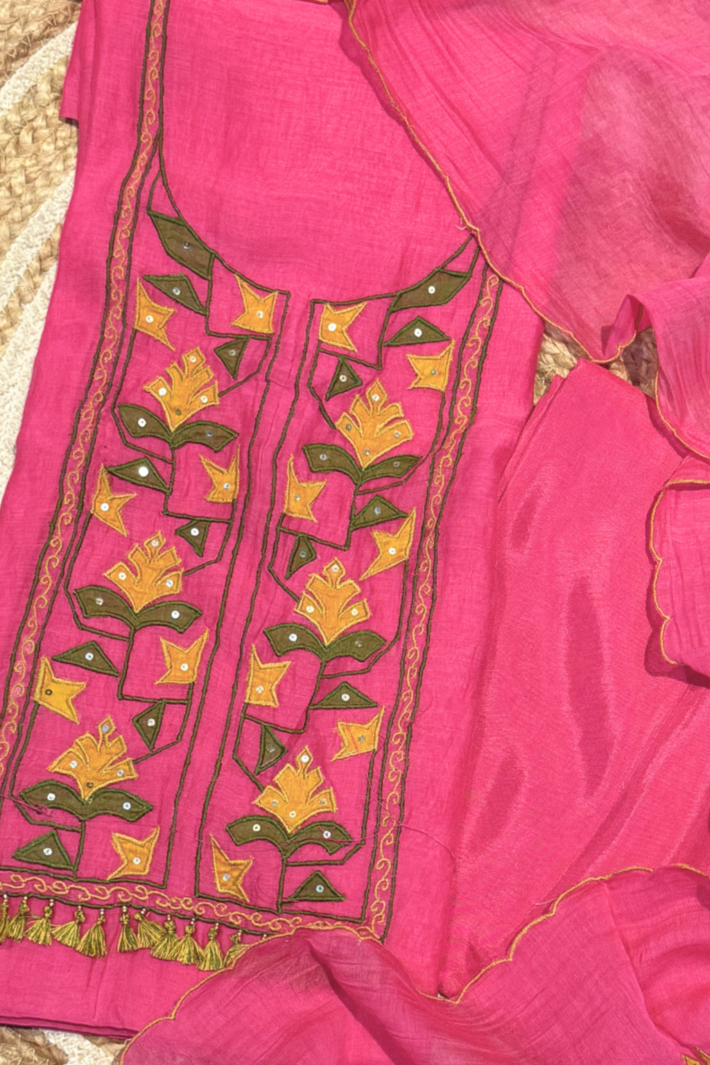 Applique Work Mul Chanderi 3 pc Suit set - Neon Pink