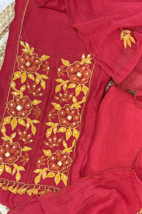 Applique Work Mul Chanderi 3 pc Suit set - Red