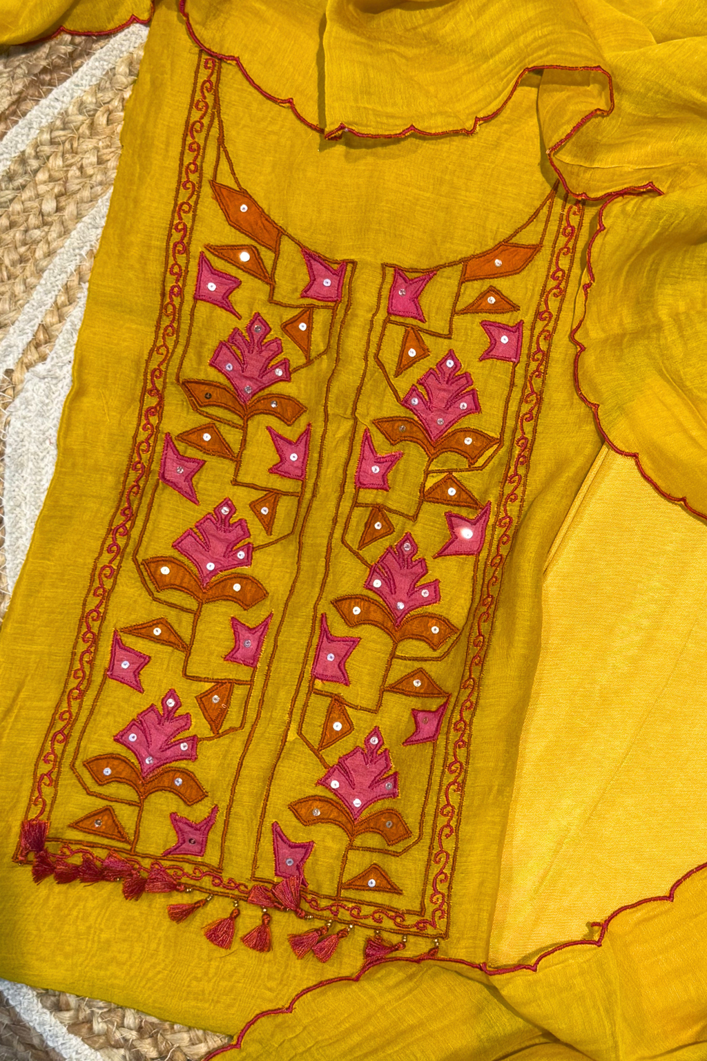 Applique Work Mul Chanderi 3 pc Suit set - Mustard Yellow