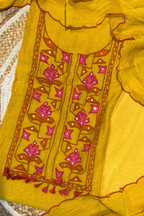 Applique Work Mul Chanderi 3 pc Suit set - Mustard Yellow
