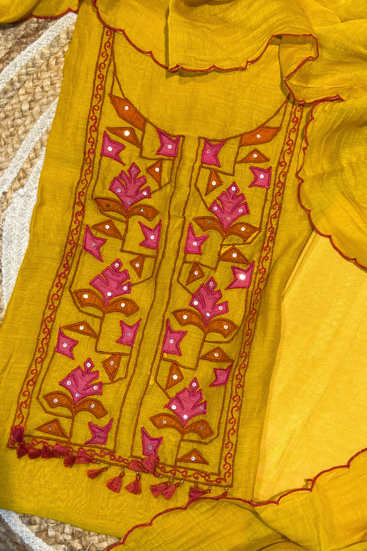 Applique Work Mul Chanderi 3 pc Suit set - Mustard Yellow