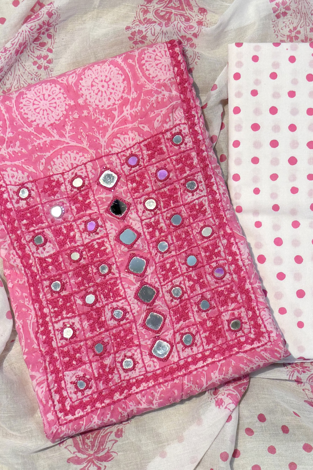 Pure Cotton Mirror Work 3 Piece Unstitched Suit Set - Pink