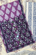 Pure Cotton Mirror Work 3 Piece Unstitched Suit Set With Strips Bottom - Purple Wine