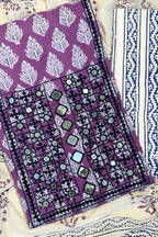 Pure Cotton Mirror Work 3 Piece Unstitched Suit Set With Strips Bottom - Purple Wine