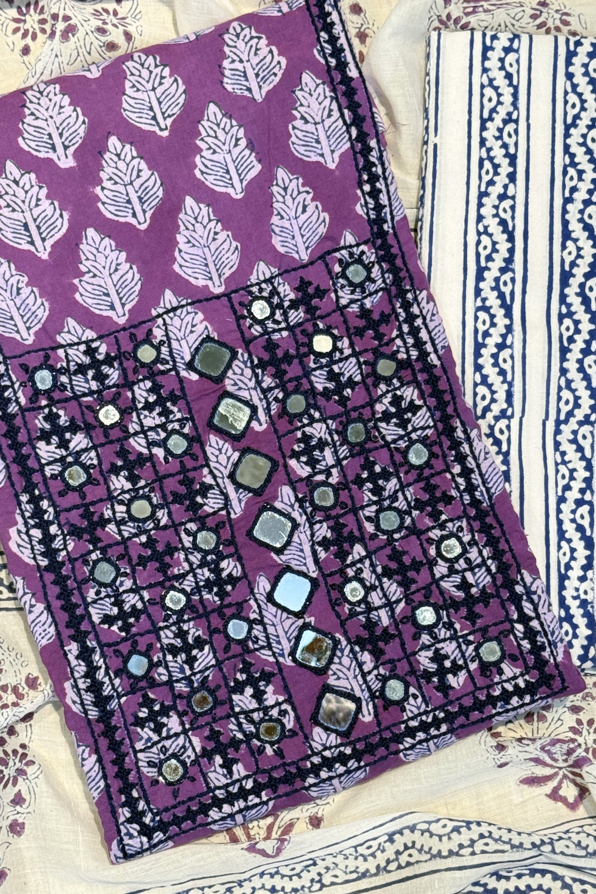 Pure Cotton Mirror Work 3 Piece Unstitched Suit Set With Strips Bottom - Purple Wine