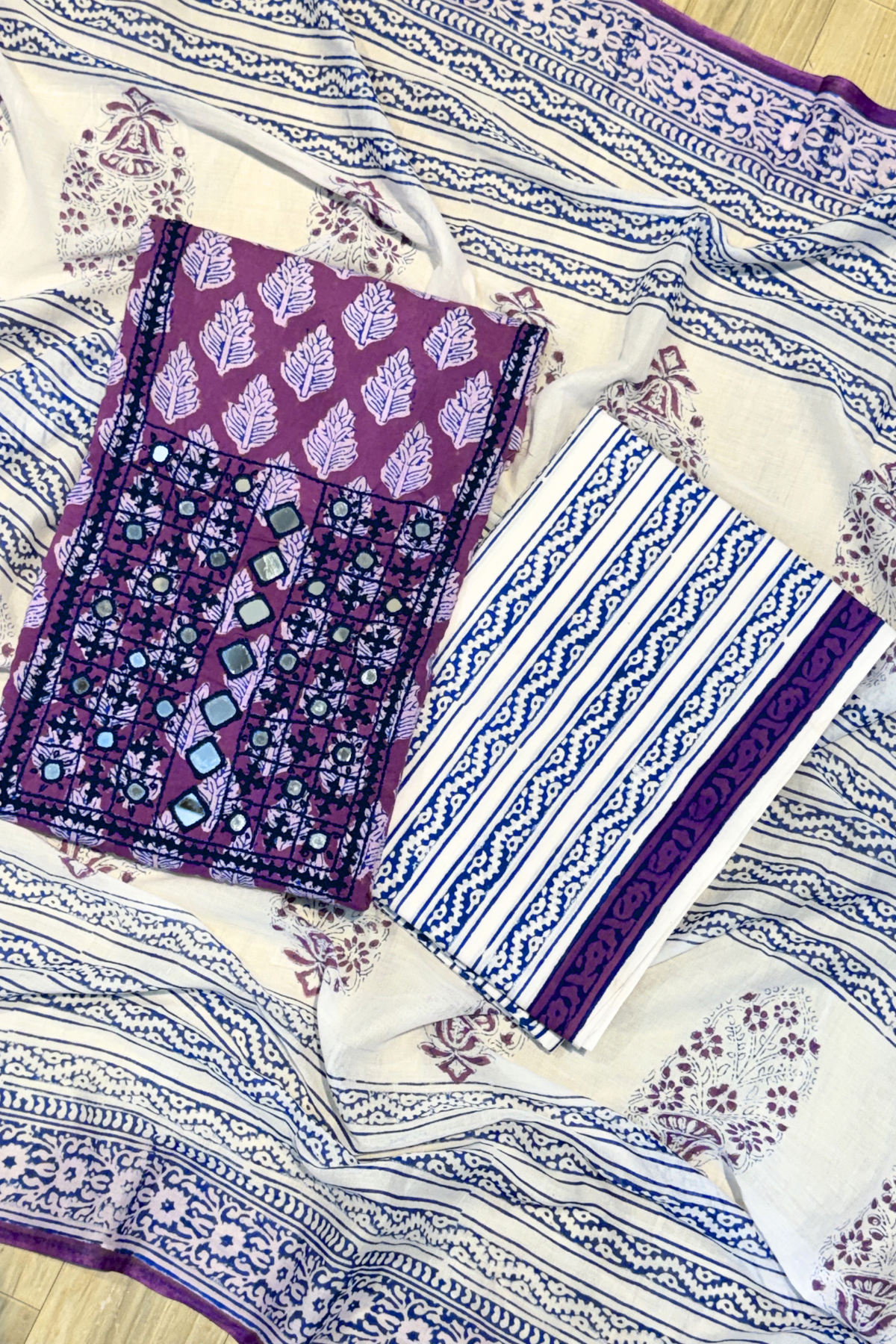 Pure Cotton Mirror Work 3 Piece Unstitched Suit Set With Strips Bottom - Purple Wine