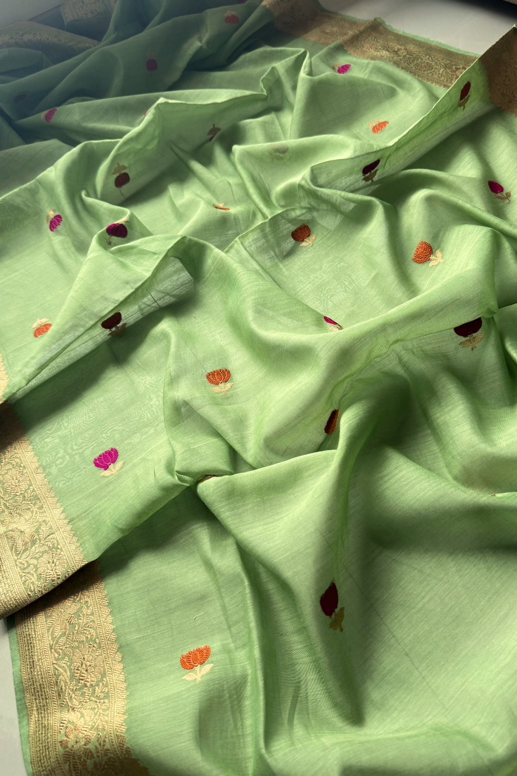 Pure Mul Chanderi With Kadwa Weaving - Pista green