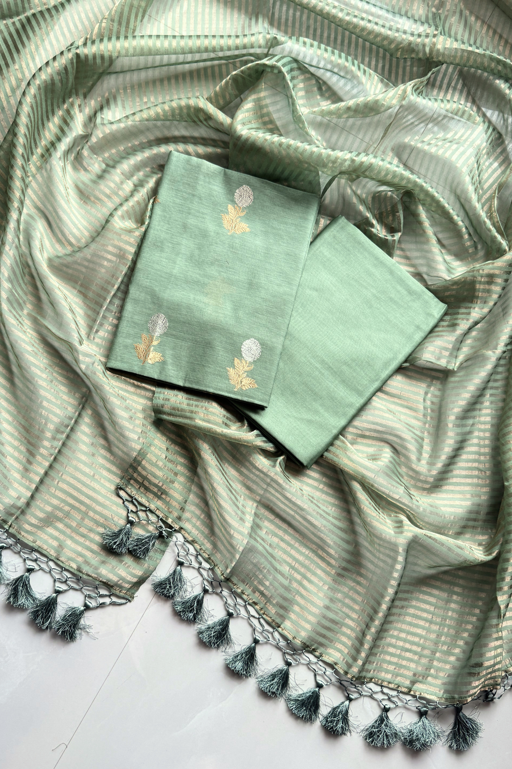 Pure Mul Chanderi With Kadwa Weaving -  Sage Green