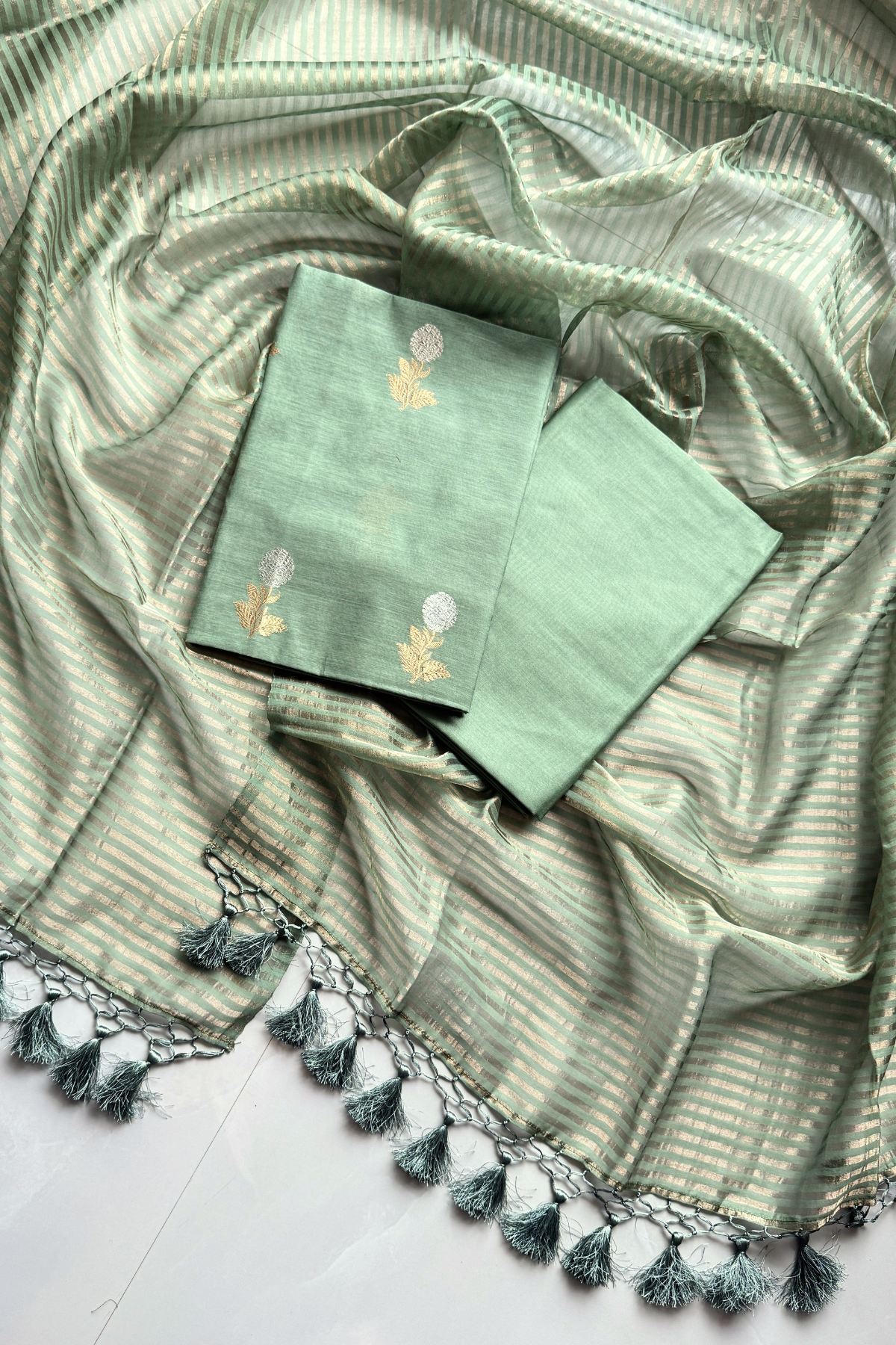 Pure Mul Chanderi With Kadwa Weaving -  Sage Green