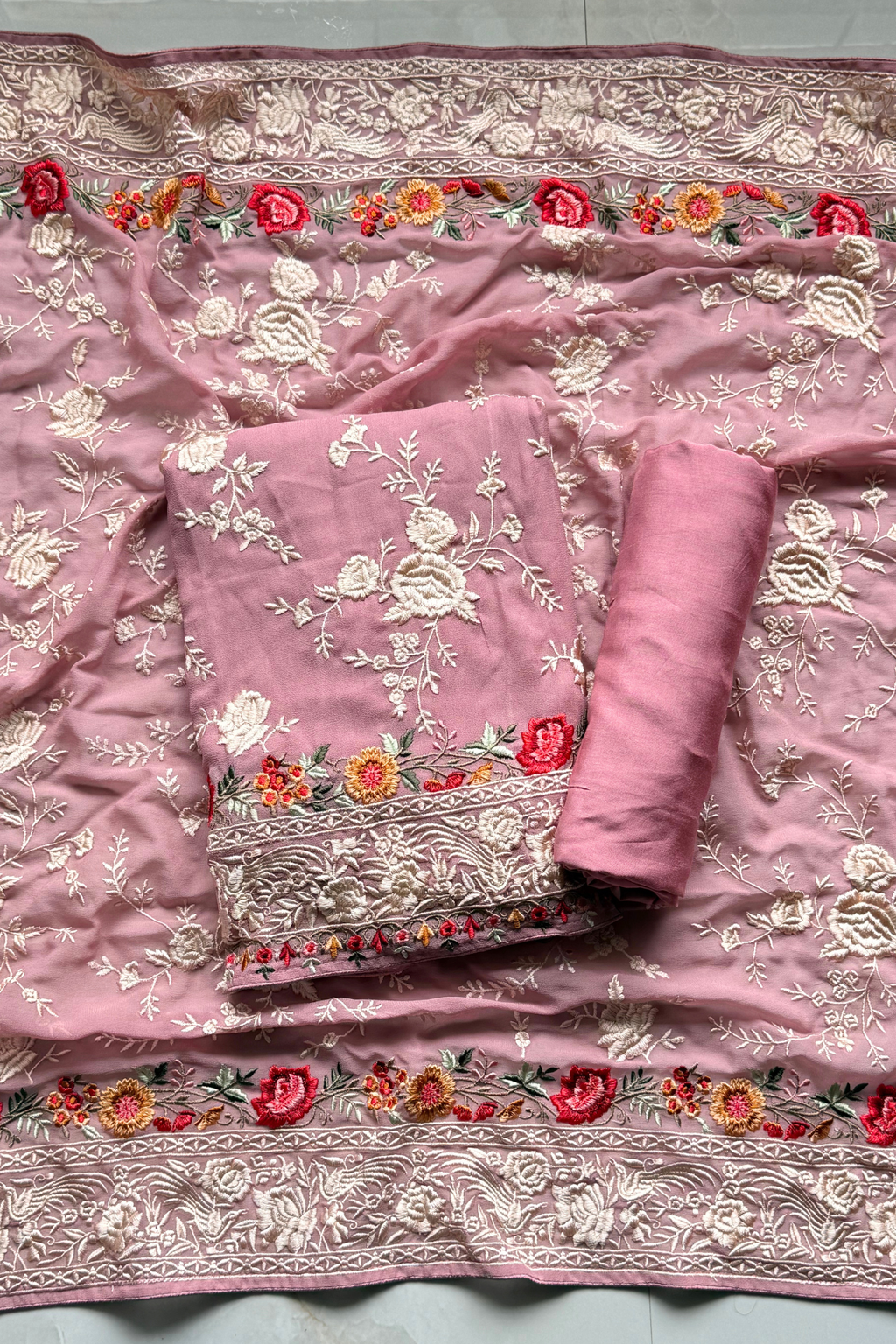 Pure Georjette With heavy Parsi Work Unstitched Suit Set - Onion Pink