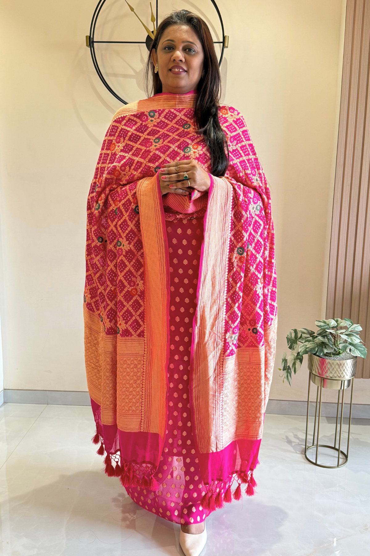 Pure khaddi georgette meenakari bandhej -  Pink
