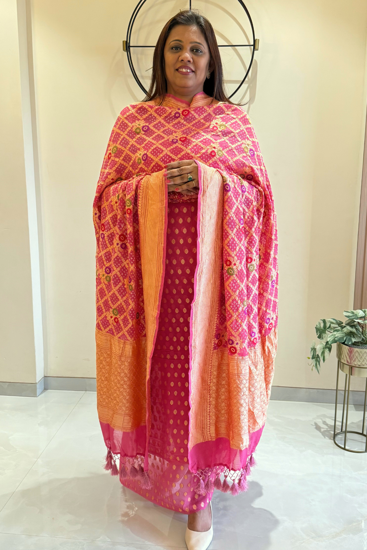 Pure khaddi georgette meenakari bandhej -  Peach pink