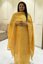 Pure Mul Chanderi Mukesh Kamdani Lucknowi Work 2-Piece Dress Suit – Yellow